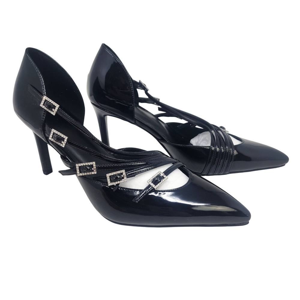Black Patent Rhinestone‎ Buckle Multi Strap Pointed Toe Stiletto Pumps Womens 11